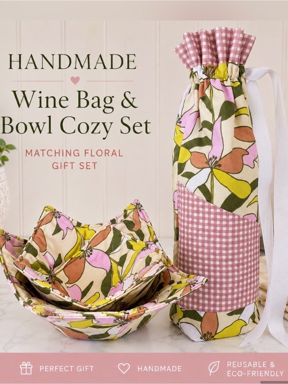 Handmade Wine Bottle Bag & Matching Bowl Cozy Set | Cottagecore Floral Gift